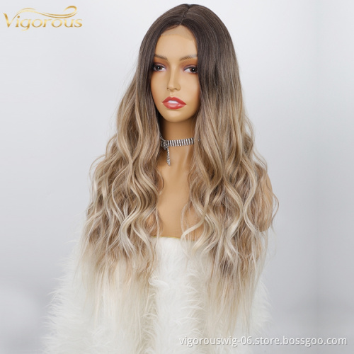Top Quality Cheap Wholesale Vendor Heat Resistant Synthetic Fiber Lace Hair Wig Ombre Brown Dark Root Curly Long Body Wavy Women